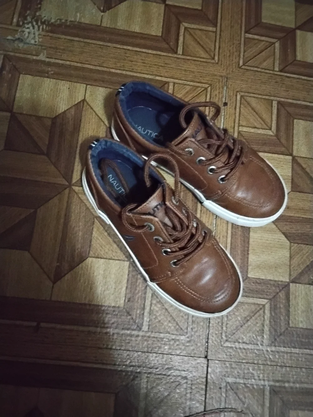 Nautica Boys Tan Brown Leather Boat Sneakers with Navy Accent